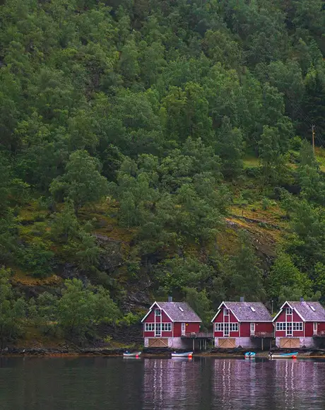 A view of four red houses at the bank of a river and the bottom of a hill covered in trees