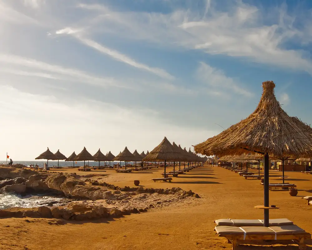 Summer beach under morning sun in Egypt Sharm el-sheikh Morning - plank beds and umrellas