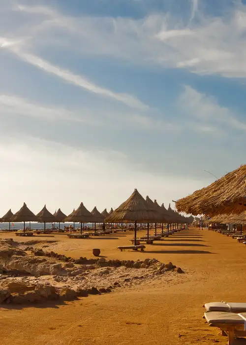 Summer beach under morning sun in Egypt Sharm el-sheikh Morning - plank beds and umrellas