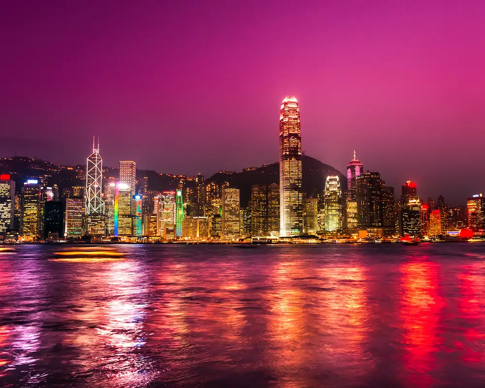 Hong Kong's Skyline at Night with a red sky