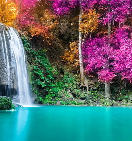A waterfall surrounded by pink and orange leafs in Thailand