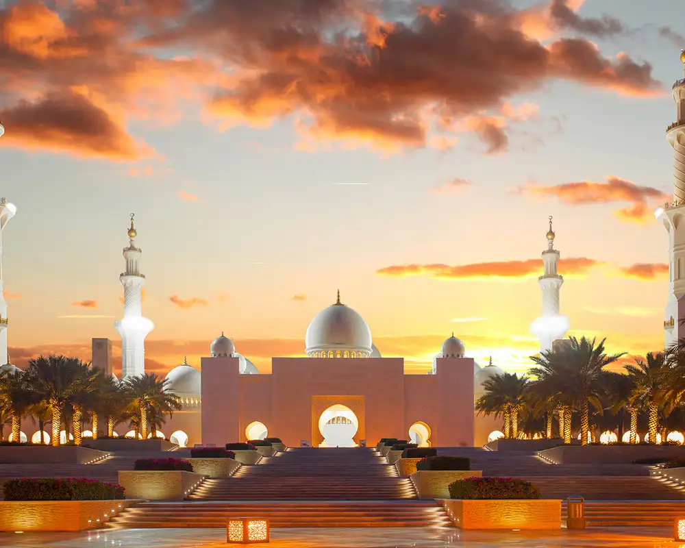 A View of the outside of the Sheikh Zayed Grand Mosque in Abu Dhabi