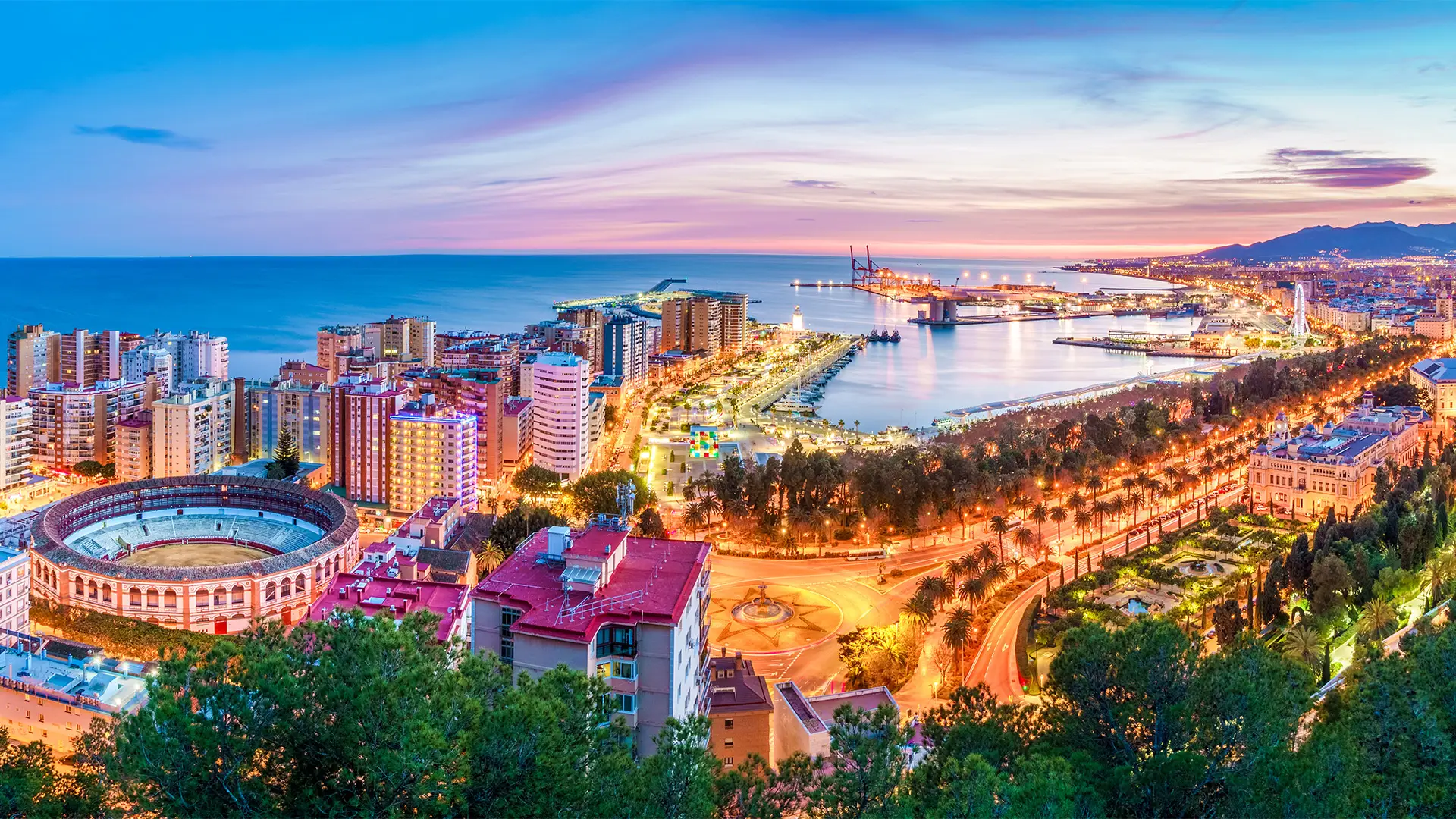 An Aerial View of Malaga, Spain at night