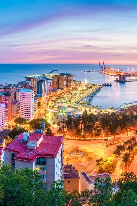 An Aerial View of Malaga, Spain at night