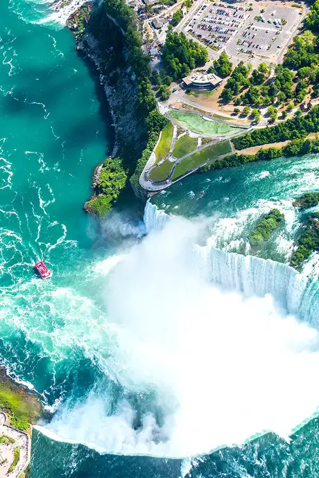 An aerial view of Niagara Falls from a top down perspective