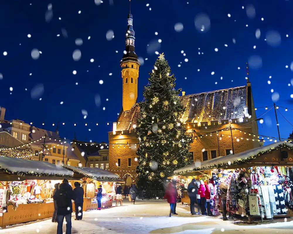 A town center at Christmas