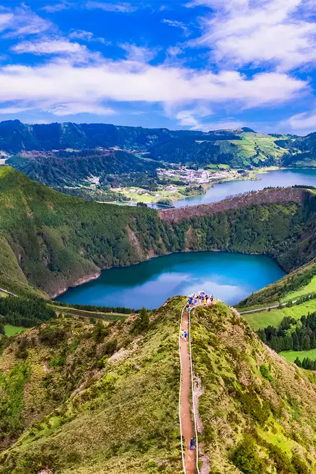 A View of a Mountain overlooking a lake in a crater on Azores Island near Ponta Delgada, Portugal