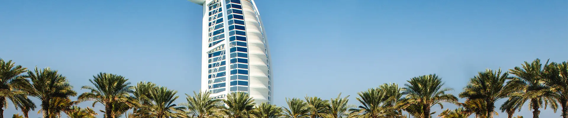 A view of water surrounded with palm trees and the Burj Al Arab in Dubai