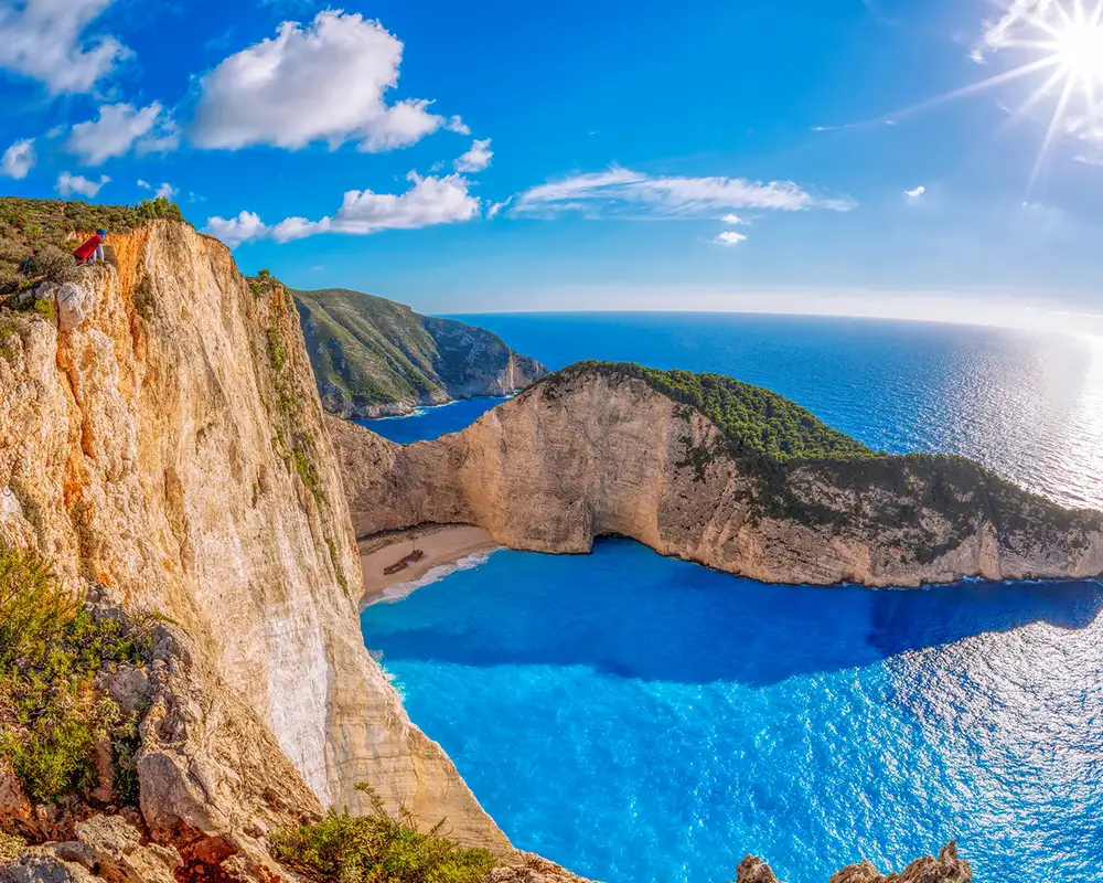 An aerial view of Shipwreck Bay off the cliffs of Zante