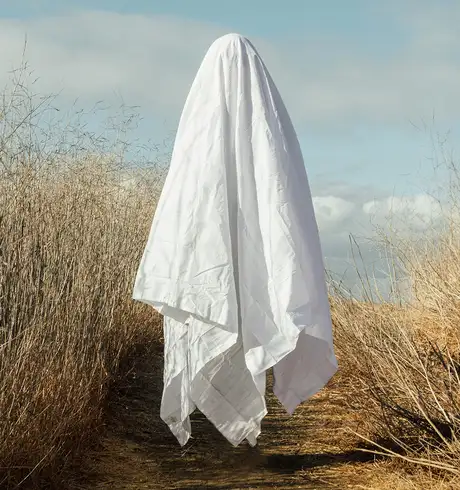 A White sheet in the middle of a filed mimicking a ghost