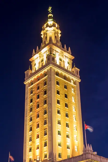 Freedom Tower in Miami, lit up at night