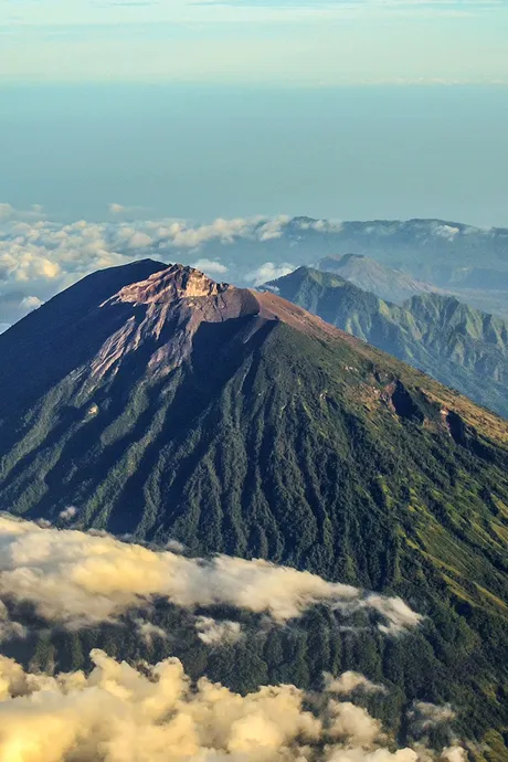 An aerial image of Mount Batur in Bali