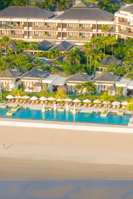 An Aerial view of Ku De Ta Beach Club on the Seminyak Beach of Bali