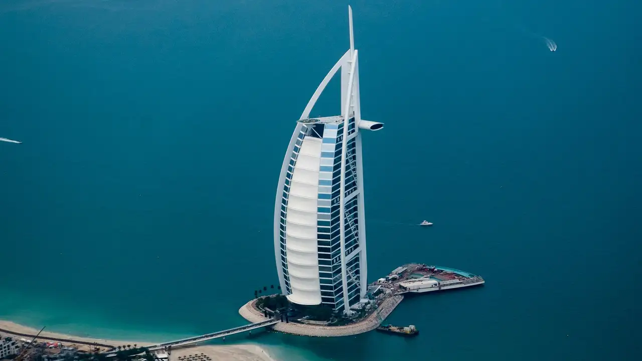 An Aerial image of the Burj Al Arab in the United Arab Emirates