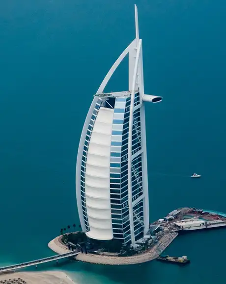 An Aerial image of the Burj Al Arab in the United Arab Emirates