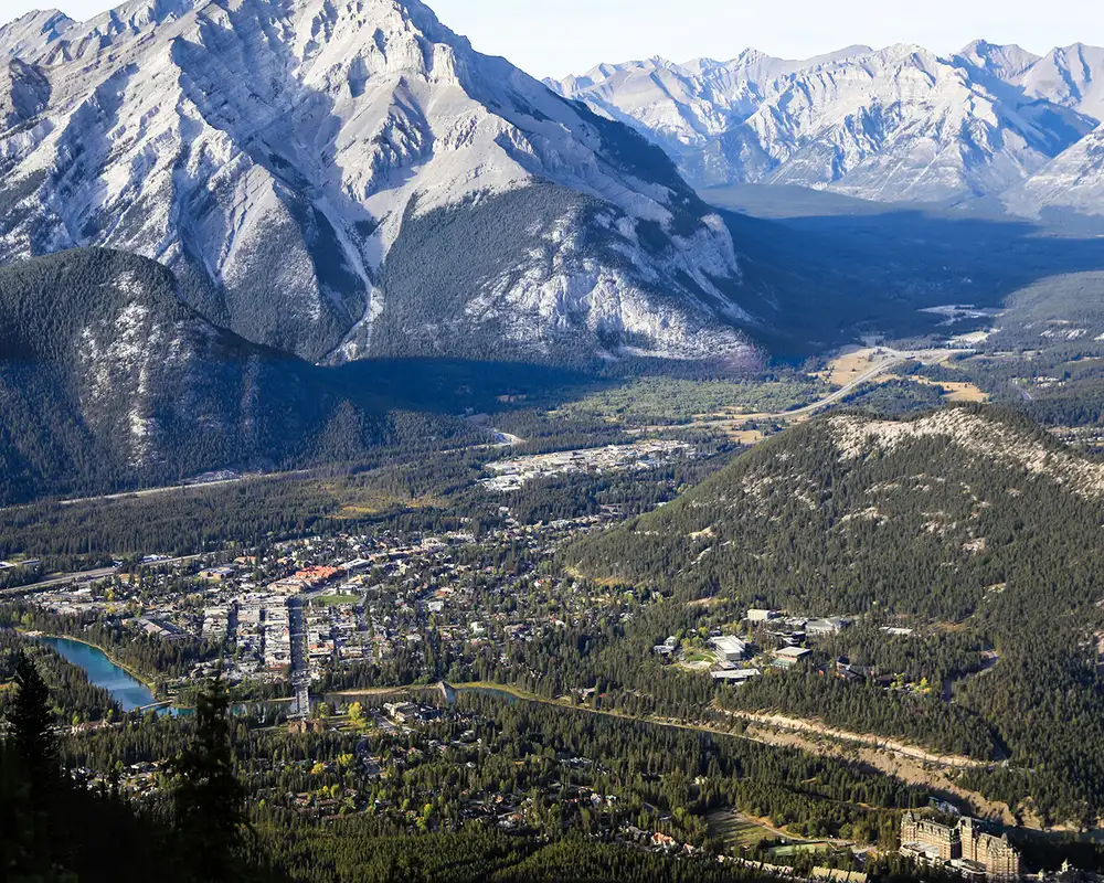 A view from the Canadian Rockies showing a town from above
