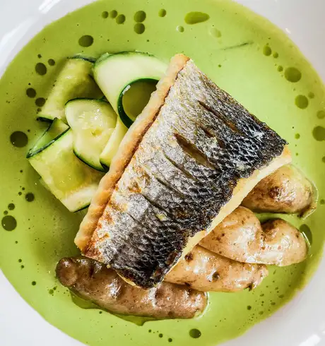 A serving of grilled fish on top of some vegetables and green sauce