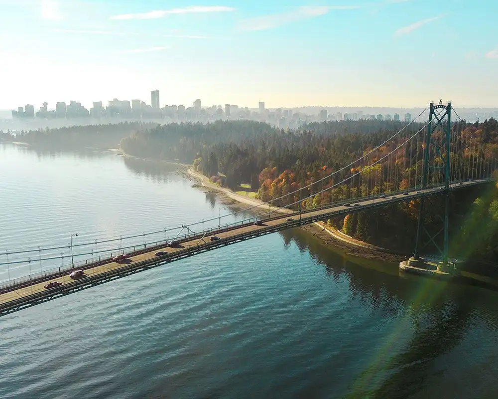 Lions Gate Bridge in Vancouver, Canada. Surrounded by forests