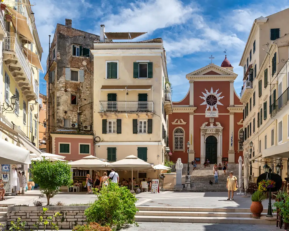 A View of a Town Center in Corfu, Greece