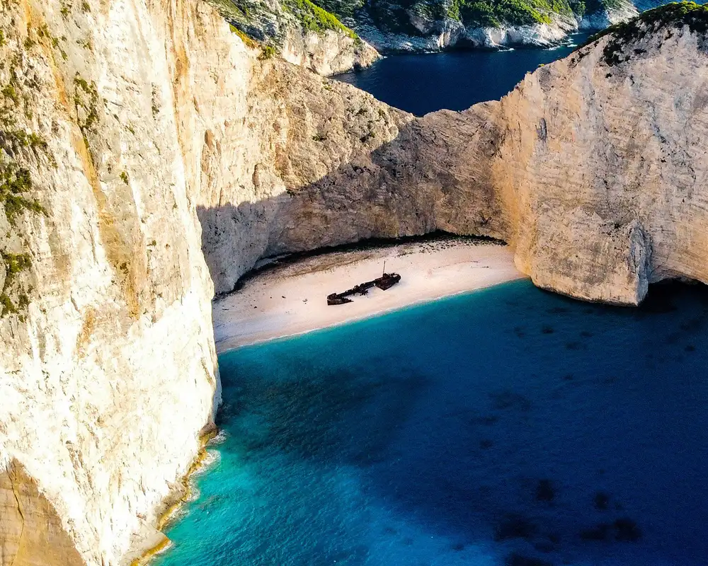 An Aerial view of Shipwreck beach in Zante, Greece