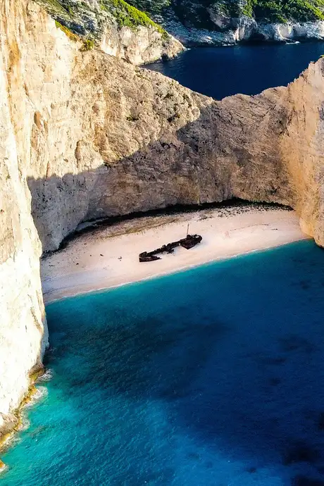 An Aerial view of Shipwreck beach in Zante, Greece