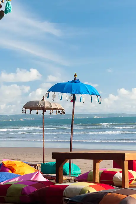Umbrellas, Pillows and Tables on Kuta Beach, Bali