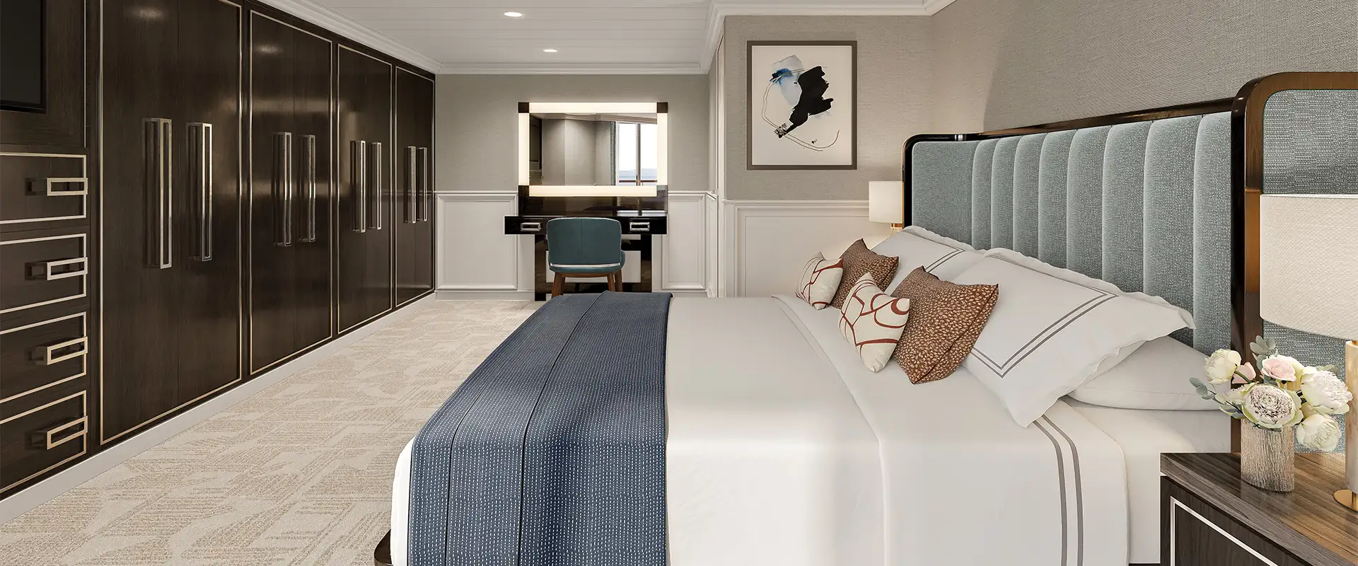A View of the Owner Suites Bedroom aboard the Aurelia