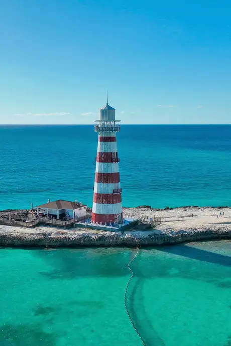 A view of the Ocean Cay Lighthouse from the point of view of a cruise ship