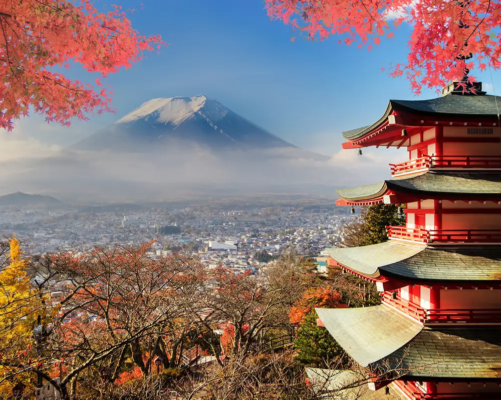 A view of Mt Fuji from the point of view of an old Japanese Pagoda