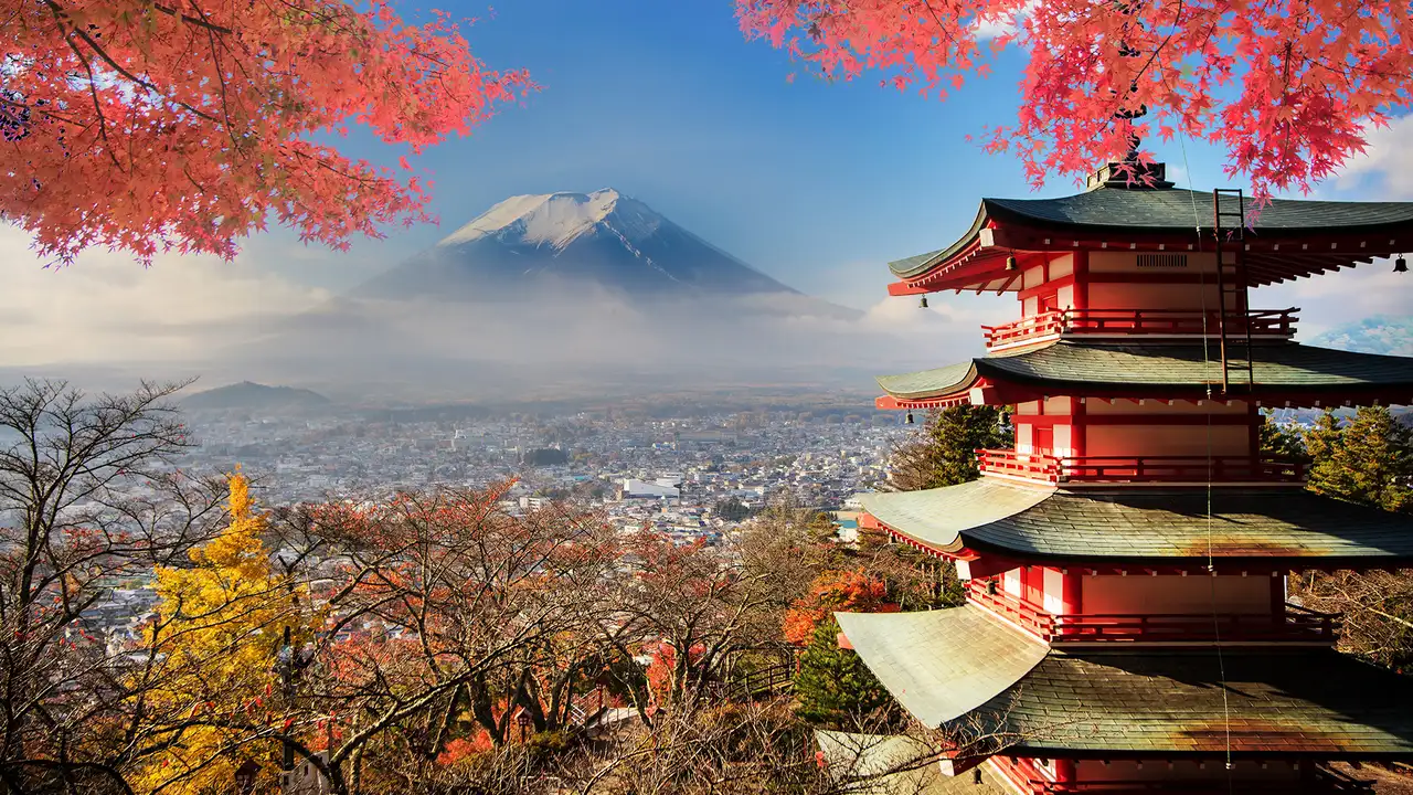 A view of Mt Fuji from the point of view of an old Japanese Pagoda