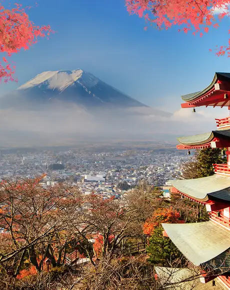 A view of Mt Fuji from the point of view of an old Japanese Pagoda