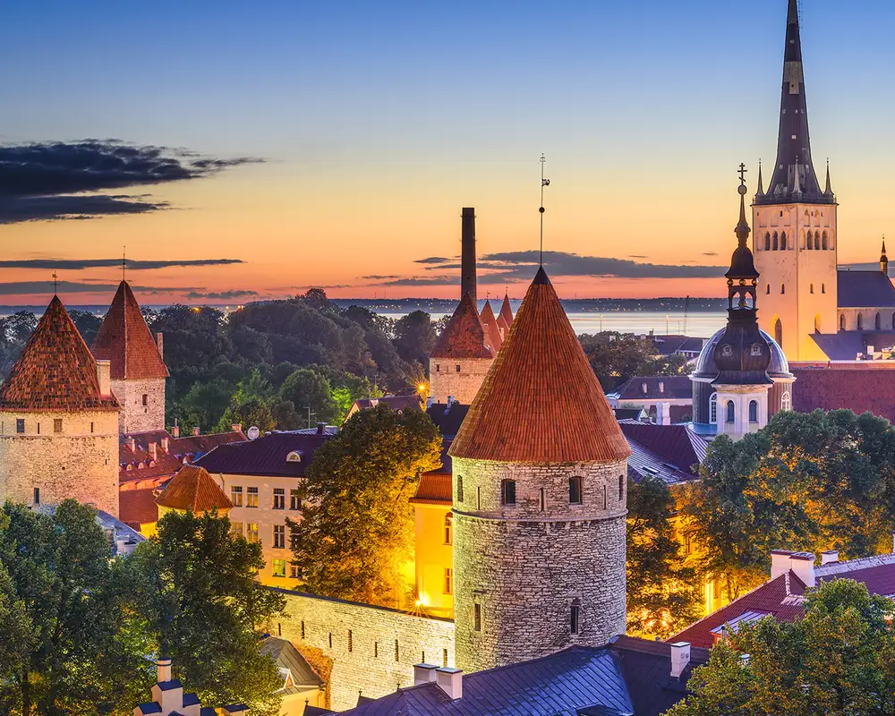 An aerial view of Tallinn, Estonia at Night