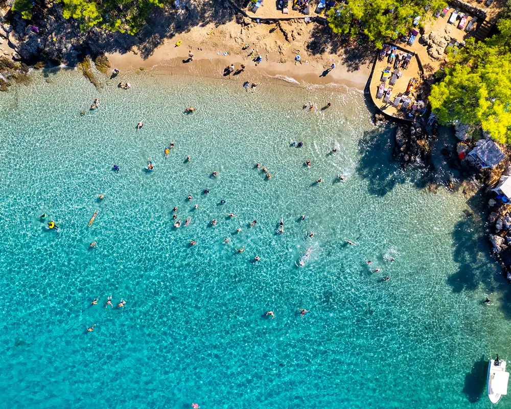 A top down view of a beach in Marmaris, Turkey