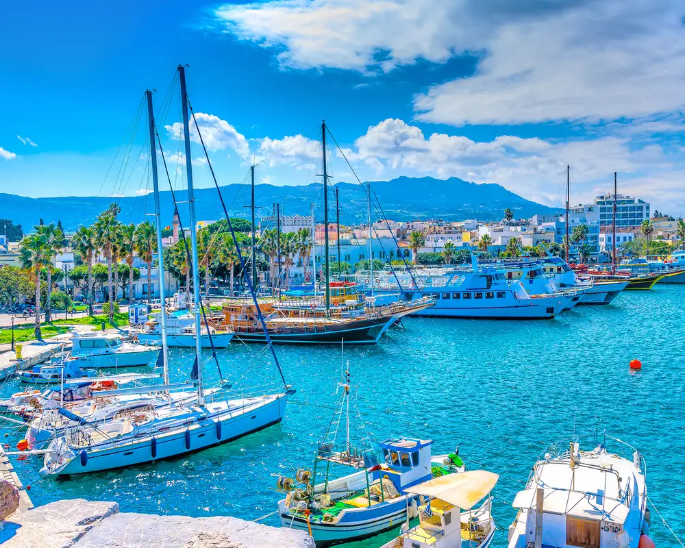 A landscape shot of a marina in Kos
