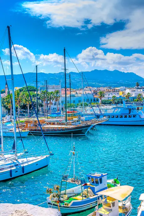 A landscape shot of a marina in Kos