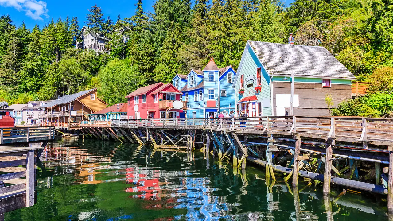 A view of the Historic Broadwalk in Ketchikan, Alaska. Showing multiple colourful houses.