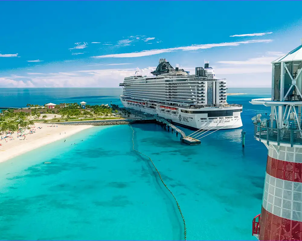 A landscape view of Ocean Cay with an MSC Ship in view