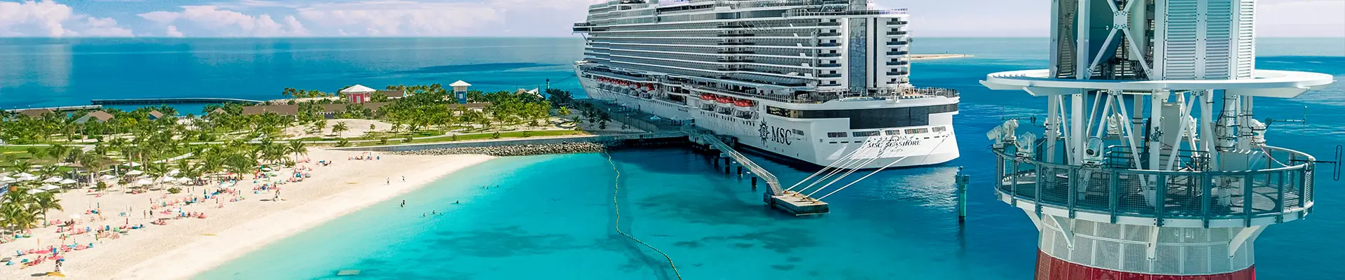 A landscape view of Ocean Cay with an MSC Ship in view