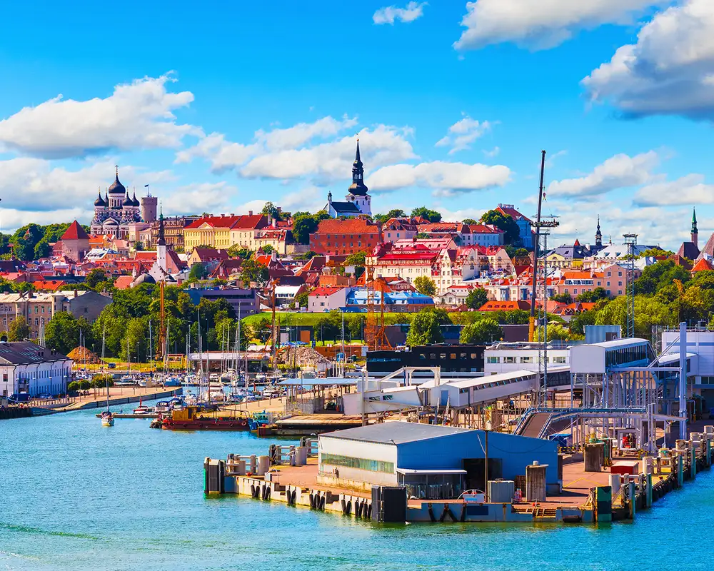 A view of the Old Town and sea port harbor in Tallinn, Estonia