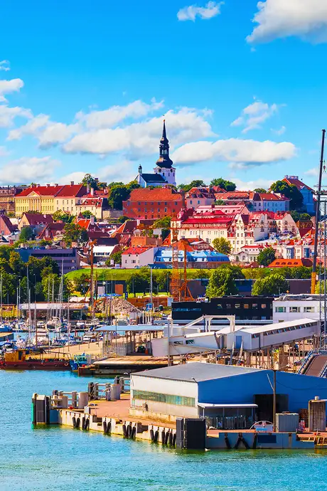 A view of the Old Town and sea port harbor in Tallinn, Estonia