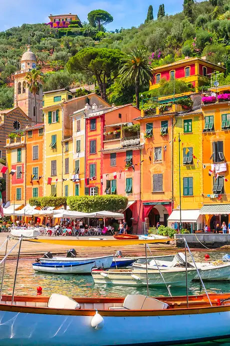 A View of the Colourful buildings surrounding a harbour in Portofino, Italy