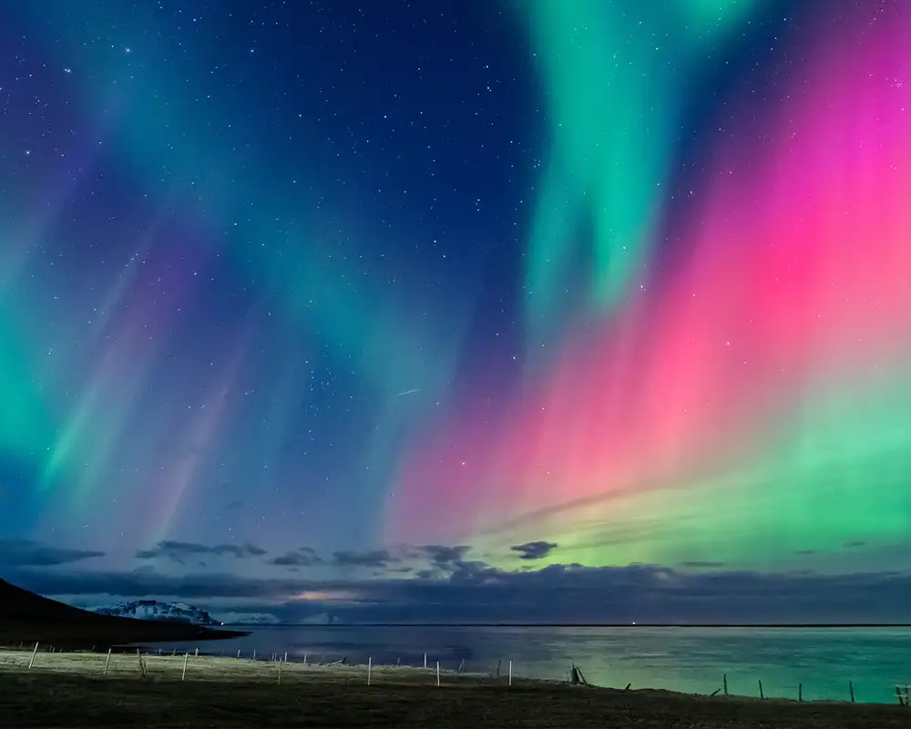The Northern Lights with a wide range of colours above Iceland