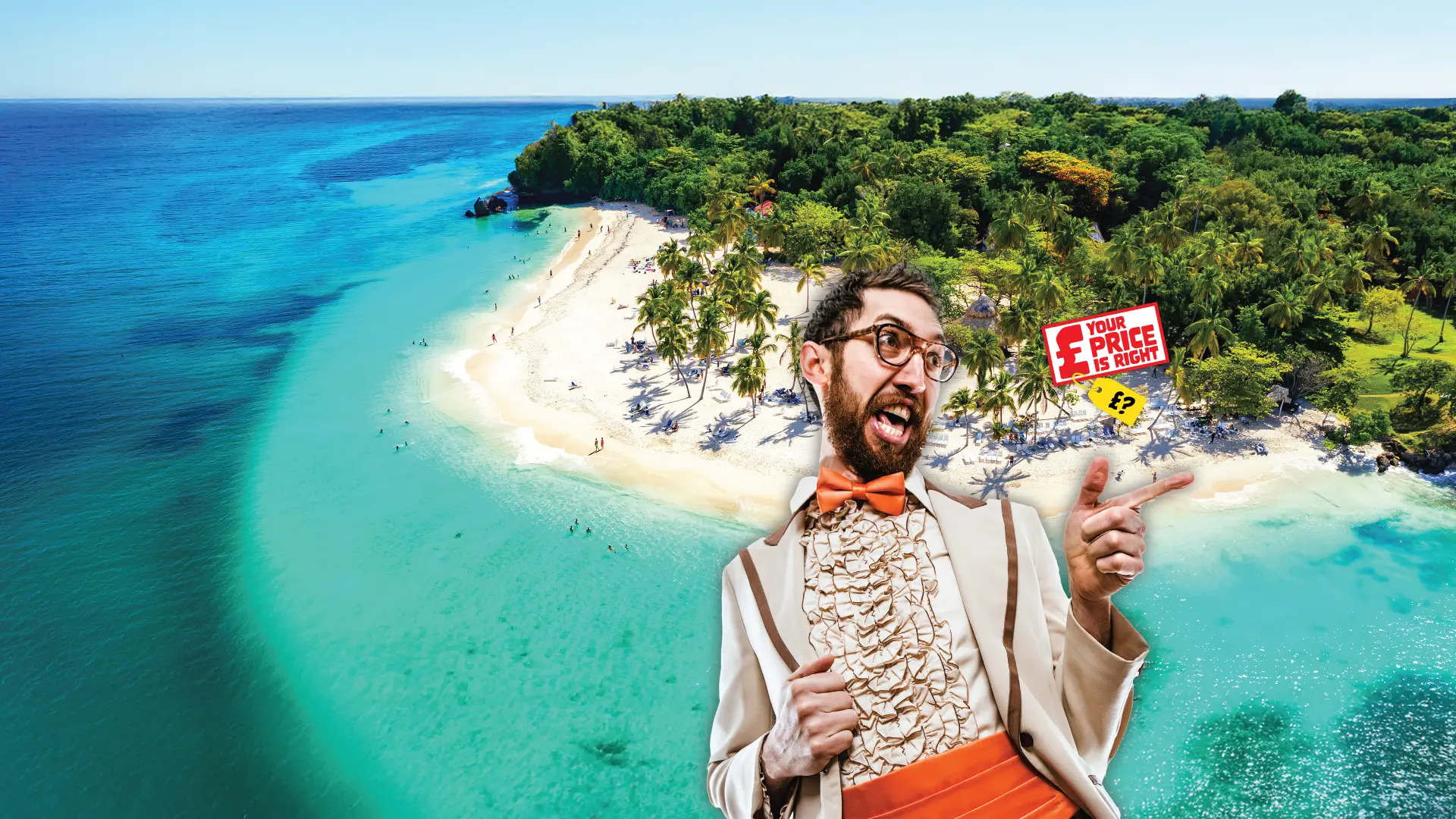 Deal Nerd in a fancy suit with our Your price is right logo and a caribbean background