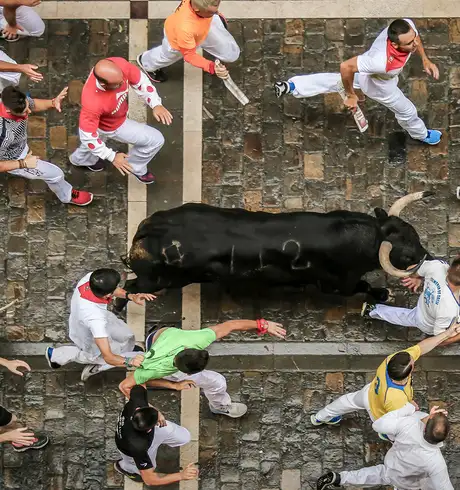 The Running of the Bulls, an Event where participants run through streets chased by a bull