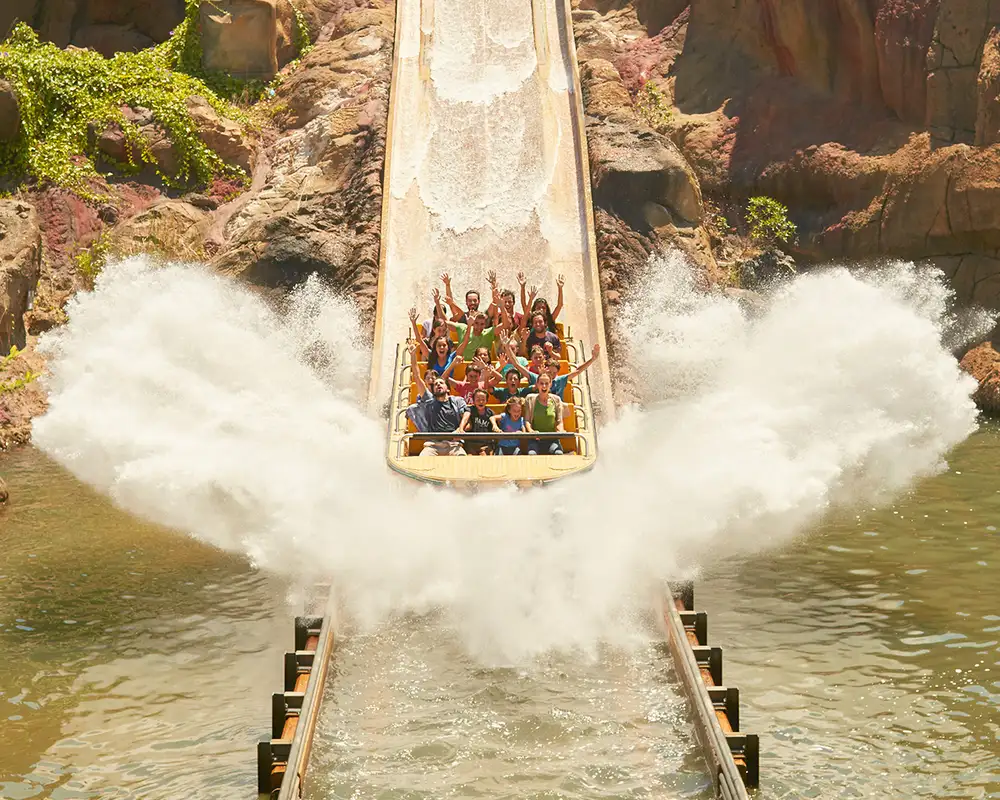 A Group of people riding a large log flume ride