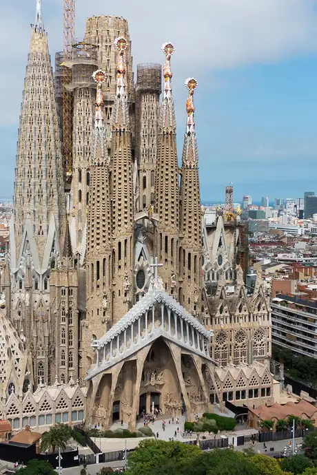 An aerial image of the Sagrada Familia Cathedral in Barcelona