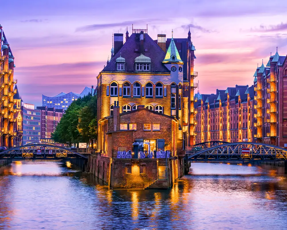 The Speicherstadt District of Hamburg Lit up at night