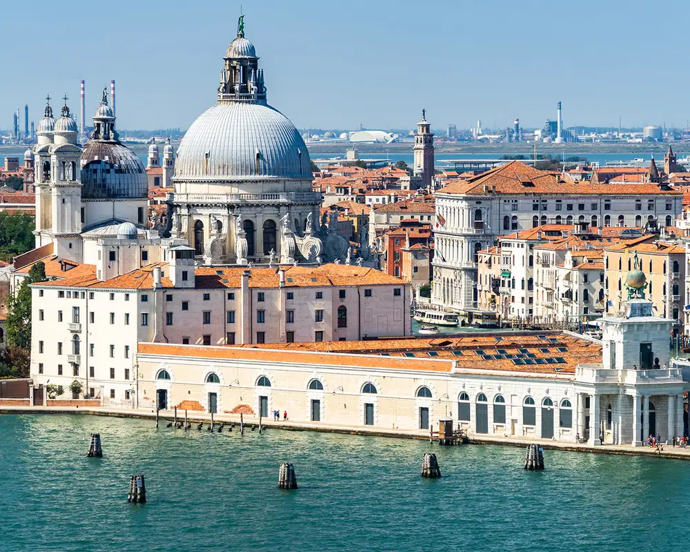 View of Giudecca Canal in Venice from the bell tower of San Giorgio Maggiore, with Punta della Dogana and the cupolas of Santa Maria della Salute