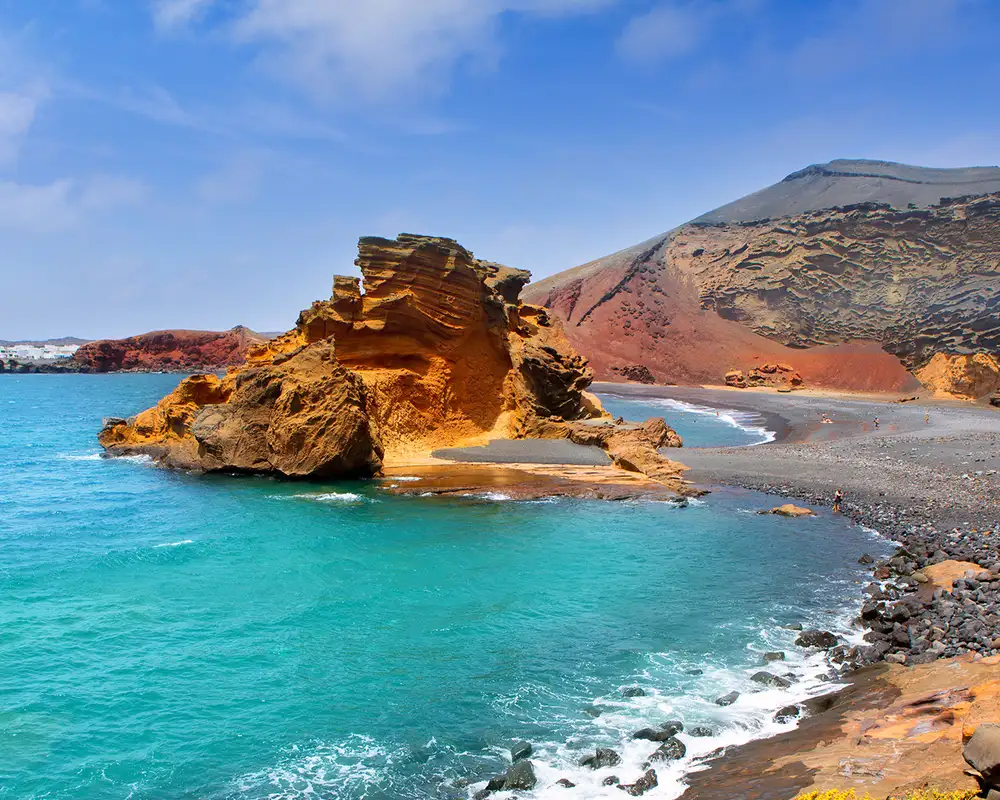 A rocky beach in the Canary Islands with a rock formation in the water
