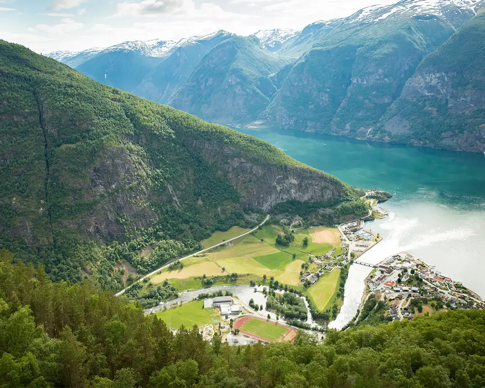 A View of Aurlandfjord and the surrounding Valley in Flaam, Norway